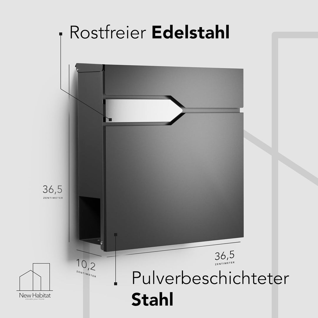 NewHabitat - Briefkasten Munich mit Zeitungsfach - Anthrazit RAL 7016 Ohne Gravur, Ohne Gravur