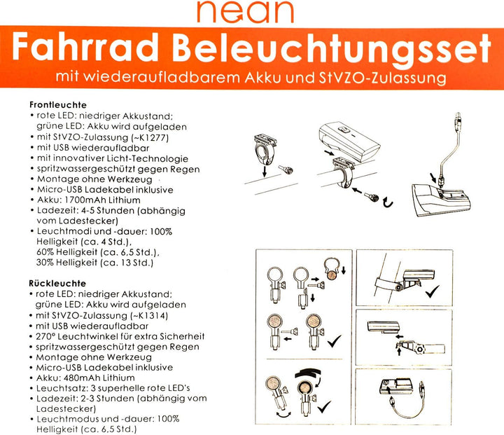 nean LED Akku Fahrradlicht Beleuchtungsset 50 LUX, StVZO, 4 Candela, Fahrradlampe, Fahrrad Frontlich