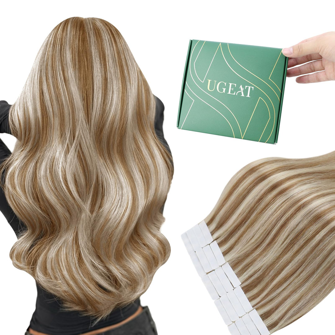 Ugeat Tape Extensions Echthaar Blond Haarverlängerung Echthaar Goldbraun mit Platinblond Invisible T