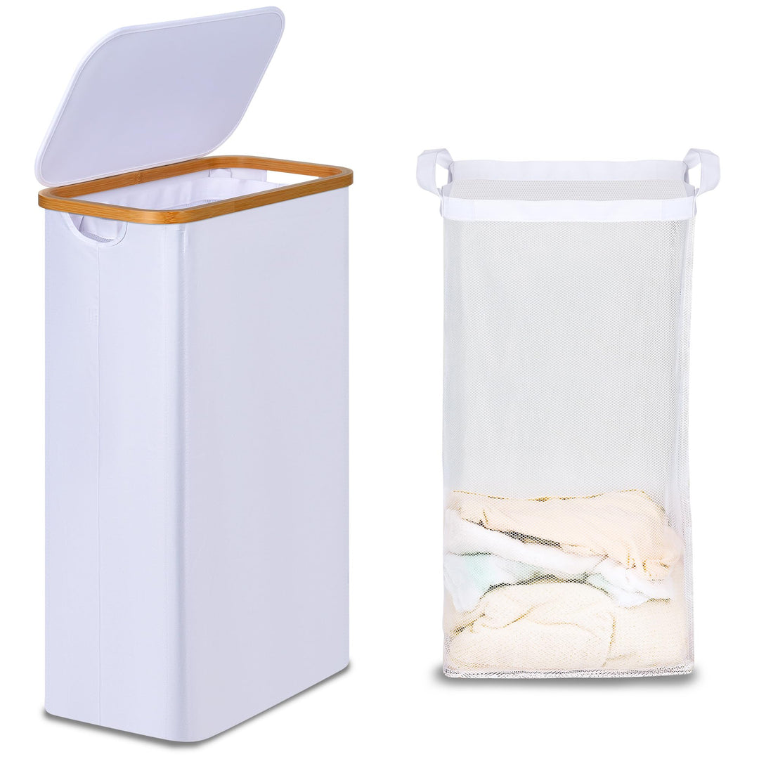 efluky Wäschekorb mit Deckel 75L, Schmal Wäschekorb mit Waschbarer Innentasche, Weiss Wäschebehälter