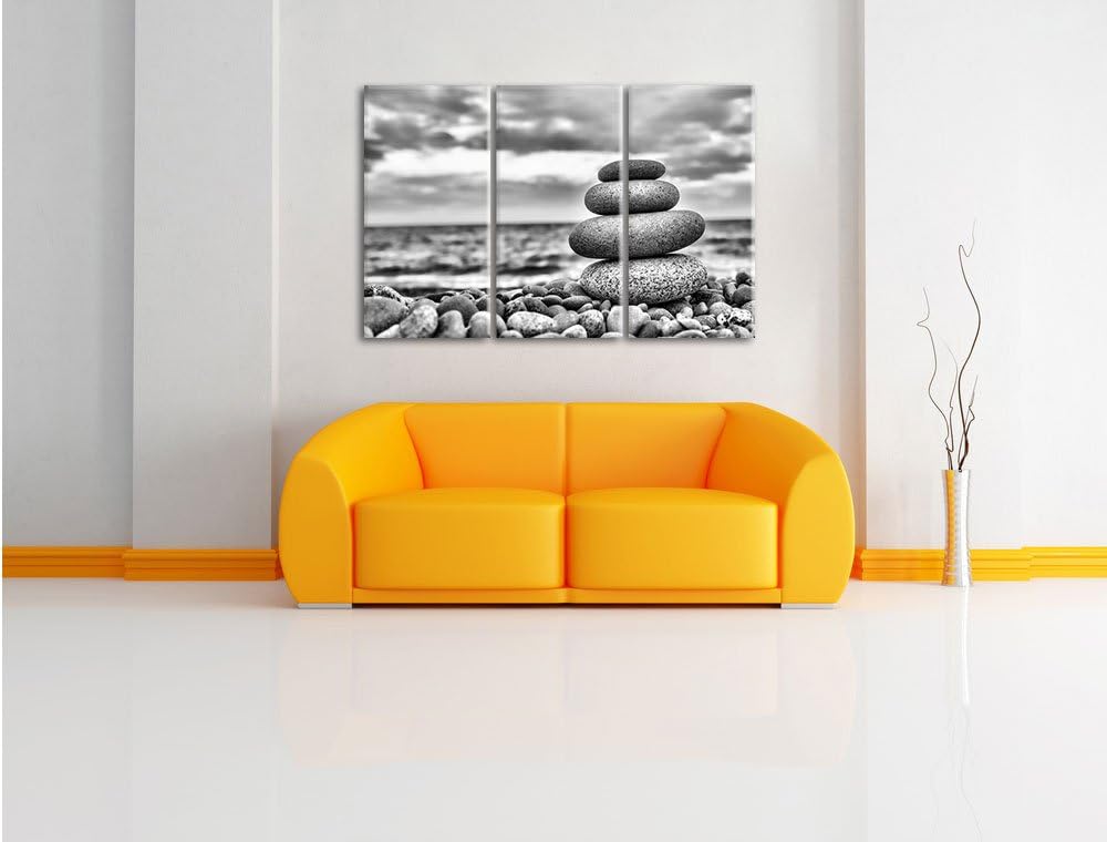 Pixxprint Monocrome, Steinturm am Strand 3-Teiler Leinwandbild 120x80 Bild auf Leinwand
