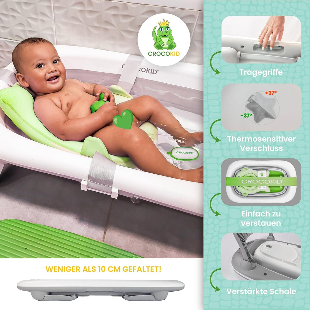 CROCOKID® Grosses Faltbares Baby-Badewannenset + 4 Unverzichtbare Zubehörteile – Tragbare XXL-Badewa
