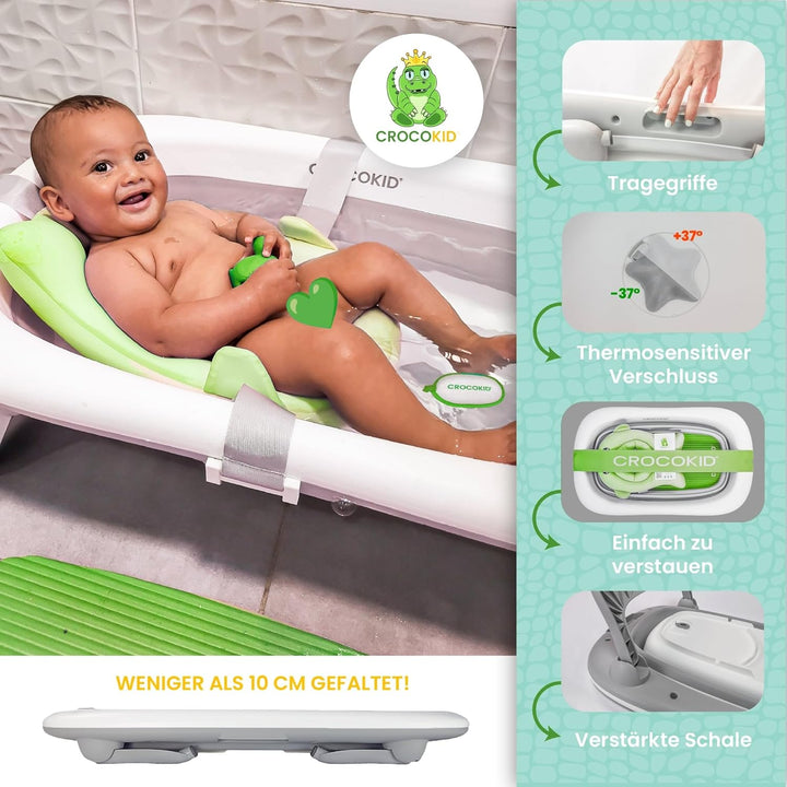 CROCOKID® Grosses Faltbares Baby-Badewannenset + 4 Unverzichtbare Zubehörteile – Tragbare XXL-Badewa