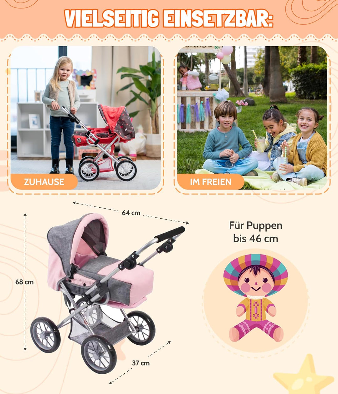 Bayer Chic 2000 - Puppenwagen Leni, 2in1 Kombipuppenwagen mit herausnehmbarer Tragetasche, Jeans pin
