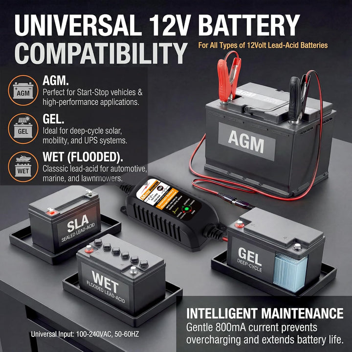 MOTOPOWER MP00205A 12V 800mA Fully Automatic Battery Charger/Maintainer for Cars, Motorcycles, ATVs,