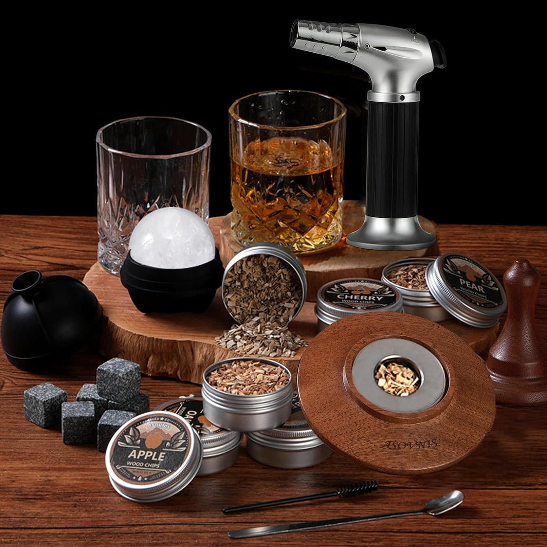 Whisky-Räucherset mit Fackel-6 Geschmacksrichtungen, Holzspäne, 2 Gläser, 6 Whiskysteine, Cocktail-R