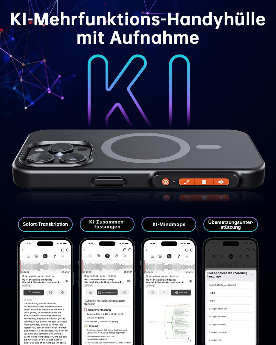 KI Digitales Diktiergerät mit Handyhülle, App-Steuerung, über 80+ Sprachen, Transkribieren und Zusam