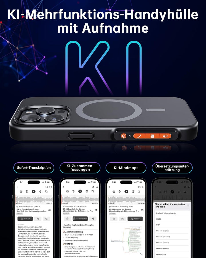 KI Digitales Diktiergerät mit Handyhülle, App-Steuerung, über 80+ Sprachen, Transkribieren und Zusam