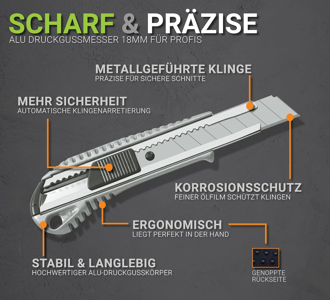 24 x Premium Colorus Alu Druckguss Cuttermesser 18mm inklusive 10 x Abbrechklingen | Teppichmesser k