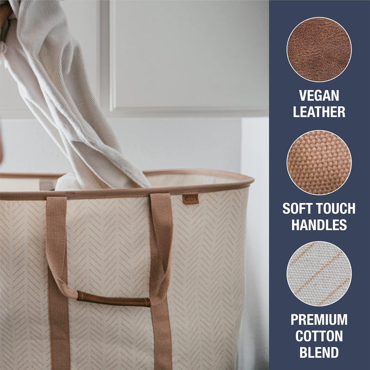 CleverMade Faltbare Wäsche-Tragetasche, luxuriös, Fischgrätenmuster, 2 Stück, 50 l, Premium-Baumwoll
