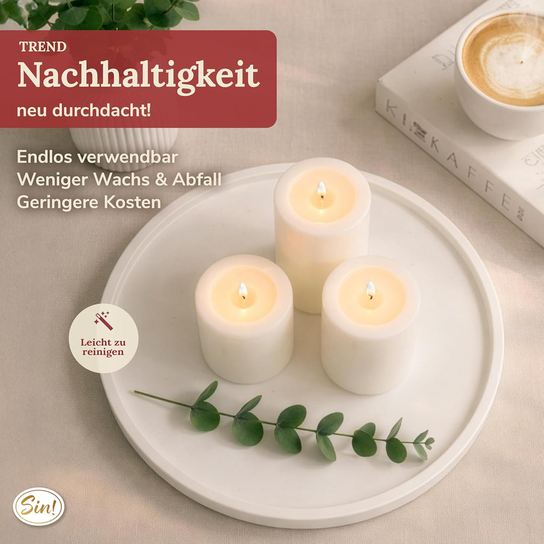 Sin! 3er Set Teelichthalter Trend warmweiss - ∅ 10 cm - Höhen 12/15/18 cm, Dauerkerze mit Teelicht i