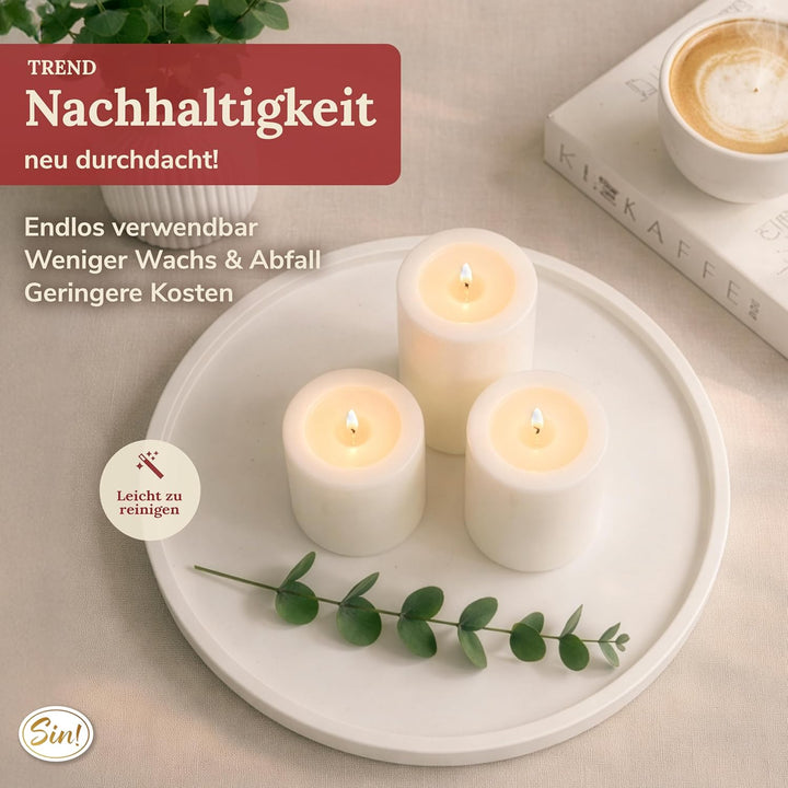 Sin! 3er Set Teelichthalter Trend warmweiss - ∅ 10 cm - Höhen 12/15/18 cm, Dauerkerze mit Teelicht i