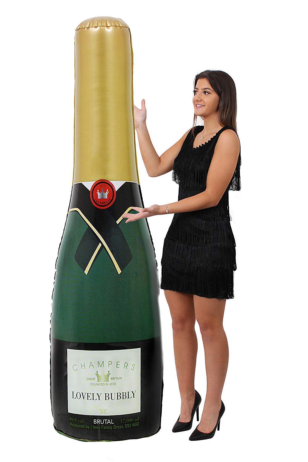RIESIGE 6FT/180CM LUXUS CHAMPAGNER FLASCHE. EINE DUNKELGRÜNE AUFBLASBARE FLASCHE MIT EINEM ETIKETT-D