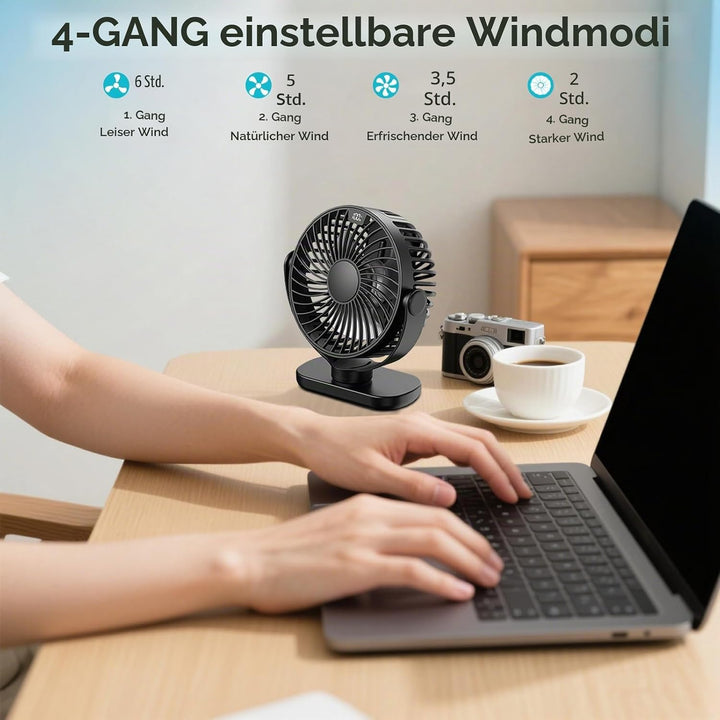 Schreibtischventilator, USB, 4 Geschwindigkeitsstufen, super leise, LED-Anzeige, 5000 mAh, Akku, Sch