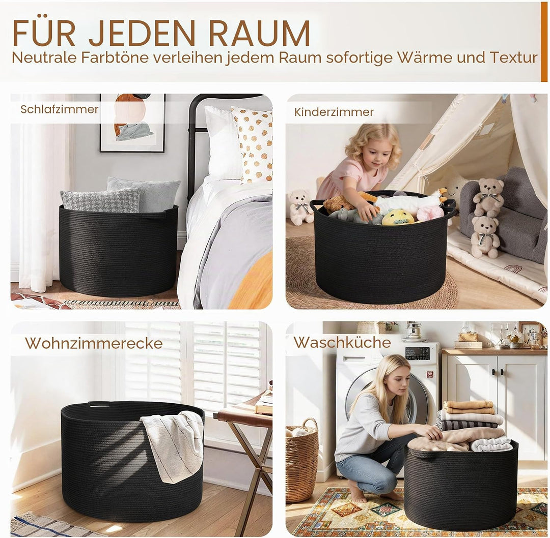 Grosser schwarzer Deckenkorb, 55,9 x 55,9 x 35,6 cm, gewebter Seilkorb zur Aufbewahrung, Aufbewahrun