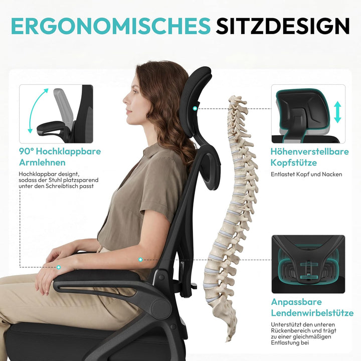 Yaheetech Bürostuhl Ergonomisch, Schreibtischstuhl mit Hochklappbaren Armlehnen, Drehstuhl mit Rücke