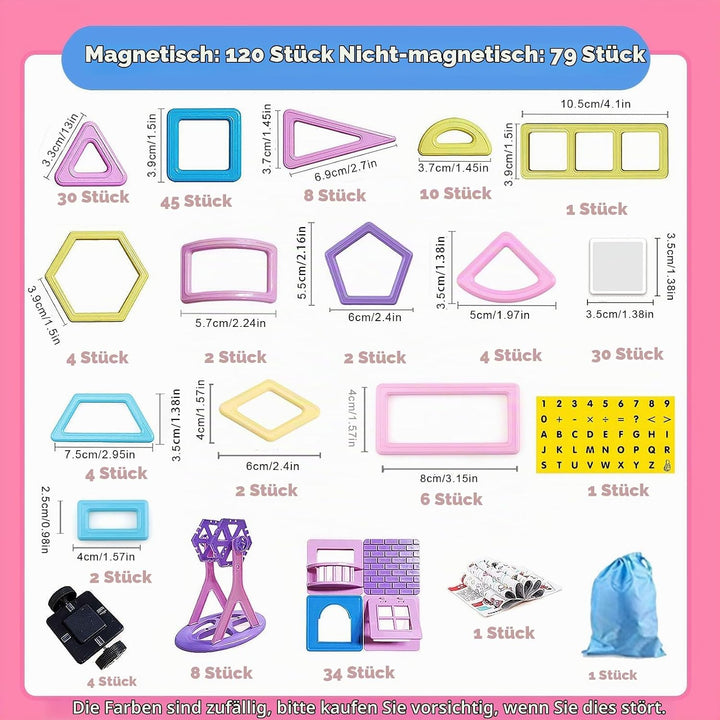 Magnetische Fliesen, 199 Stück, Mini-Magnetbausteine für Mädchen und Jungen, 3D-STEM-pädagogisches L