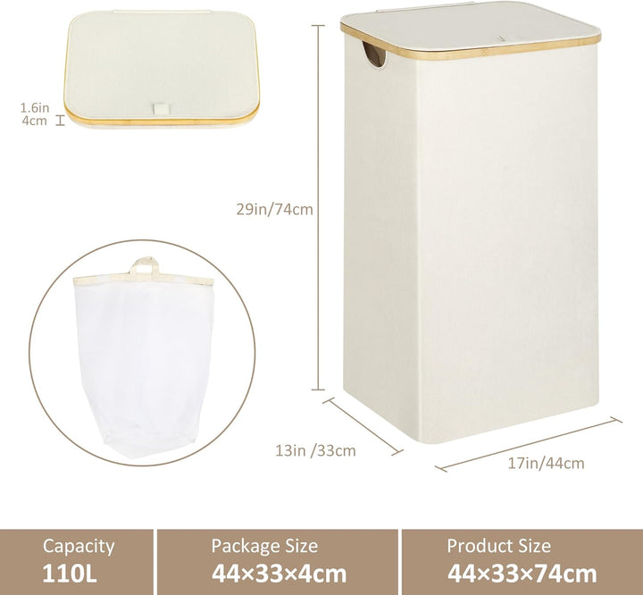 iEGrow Wäschekorb mit Deckel 110L, Wäschesammler mit Herausnehmbarer und Waschbarer Innentasche, Wäs