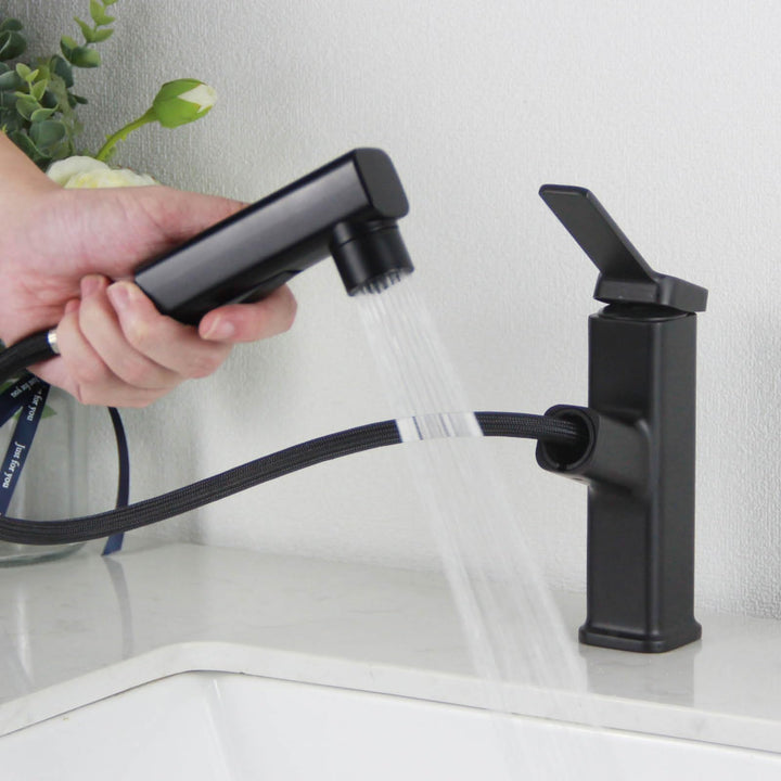 Wasserhahn Bad Schwarz, SEMANEY Waschtischarmatur mit Herausziehbarer Brause, Hochdruck Waschbecken