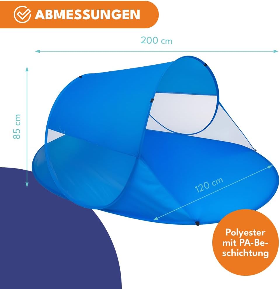 KRUMAD Strandmuschel Pop Up 200 x 120 x 85 cm, Grosses Strandzelt für Baby und Erwachsene, Selbstauf