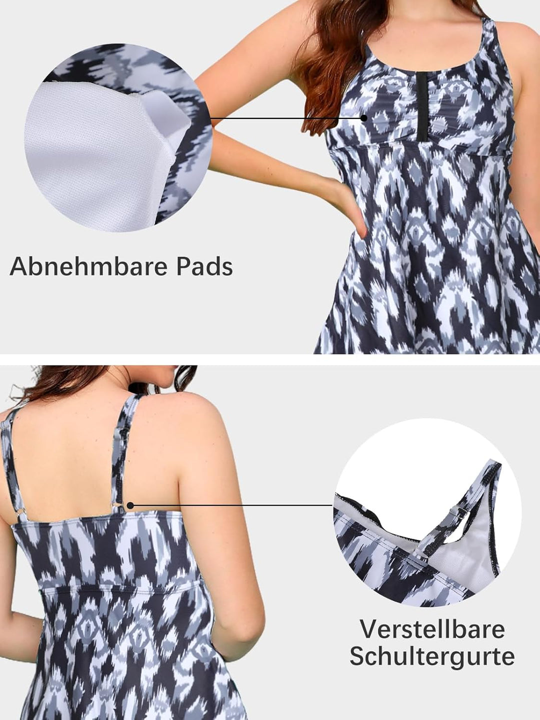 Ecupper Damen Tankini Set Badekleid Blumen Muster Badeanzug mit Shorts Swimsuit Übergrösse M Schwarz