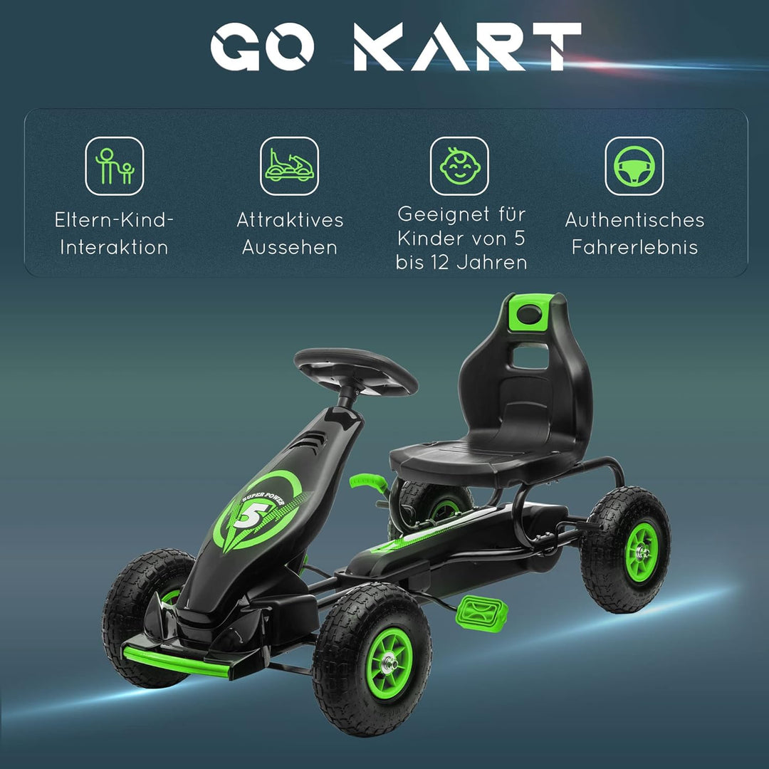 HOMCOM Gokart, Kinderfahrzeug mit 3-stufig verstellbarem Sitz, Tretfahrzeug mit Gummireifen, Pedal u