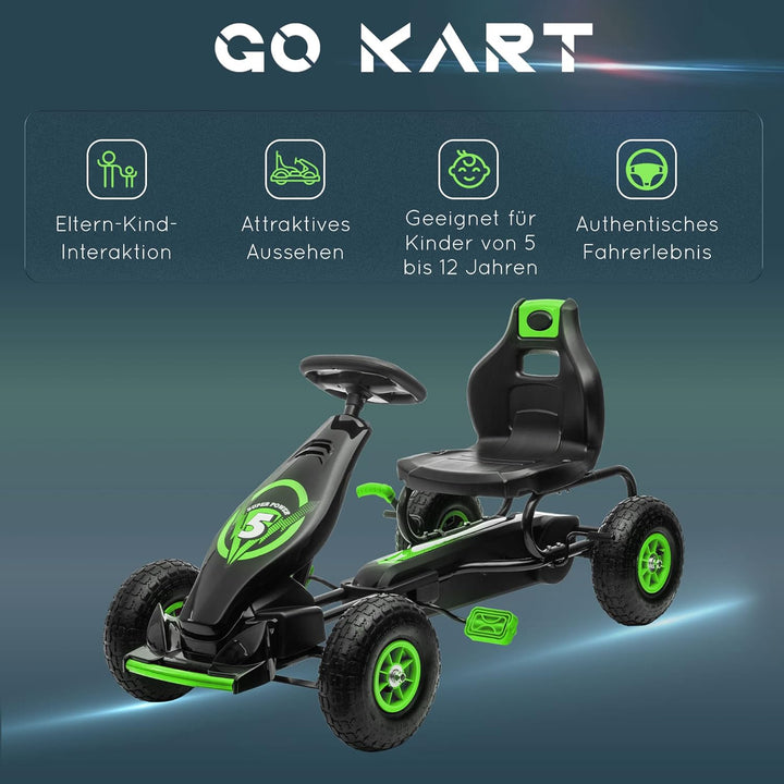 HOMCOM Gokart, Kinderfahrzeug mit 3-stufig verstellbarem Sitz, Tretfahrzeug mit Gummireifen, Pedal u