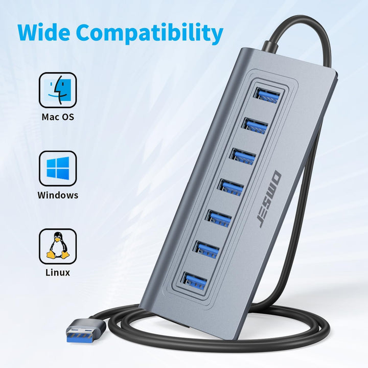 JESWO USB HUB mit Netzteil, Aluminium USB 3.0 Hub Aktiv mit 7-Port USB Verteiler 3.0 mit 5V/4A Netzt