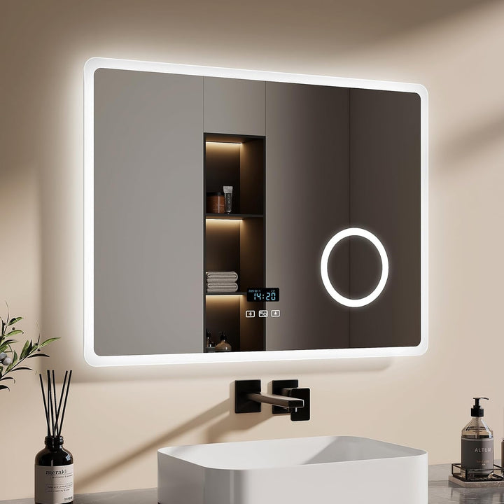 EMKE Badspiegel mit Beleuchtung 80x60cm, Touch, 3 dimmbare Lichtfarben, beschlagfrei, Bluetooth, 3-F