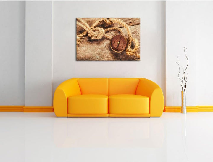 Pixxprint Schiffseil und Kompass auf Holzuntergrund Kunst Pinsel Effekt, Format: 100x70 auf Leinwand
