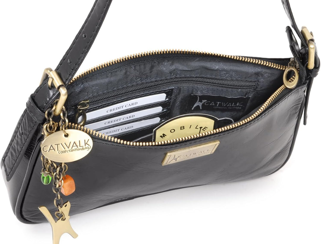 Catwalk Collection Handbags - Klein Damen Schultertasche - Henkeltasche - Leder mit Krokodilprägung