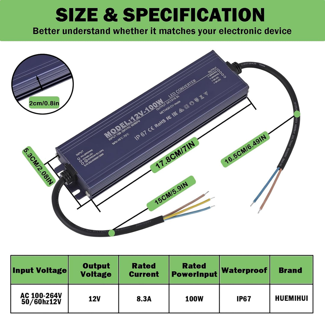 LED Trafo 12V 100W, IP67 Wasserdicht Transformator AC 100-264V auf DC 12V 8.3A LED Treiber, Ultradün