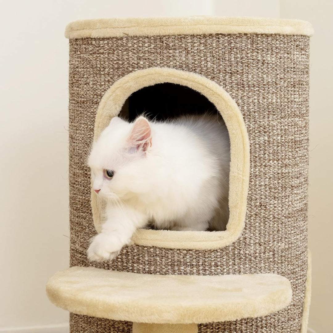 PawHut Kratztonne für Katzen, 61 cm Hoch Katzentonne mit 2 Höhlen, Kratzbaum mit Sprungplattform, Ka