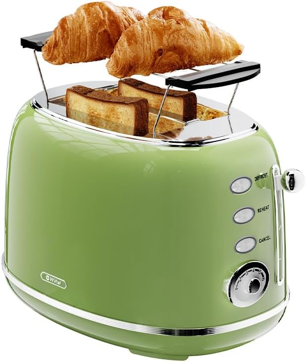 Retro Toaster 2 Scheiben Edelstahl – Brötchenaufsatz, 6 Röststufen, Vorheiz- und Auftaufunktion, Abs