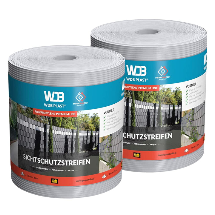 WDB - Sichtschutzstreifen für Doppelstabmatten Sichtschutz Zaun - Set 2X 26 m x 19 cm - Hart PP Wind