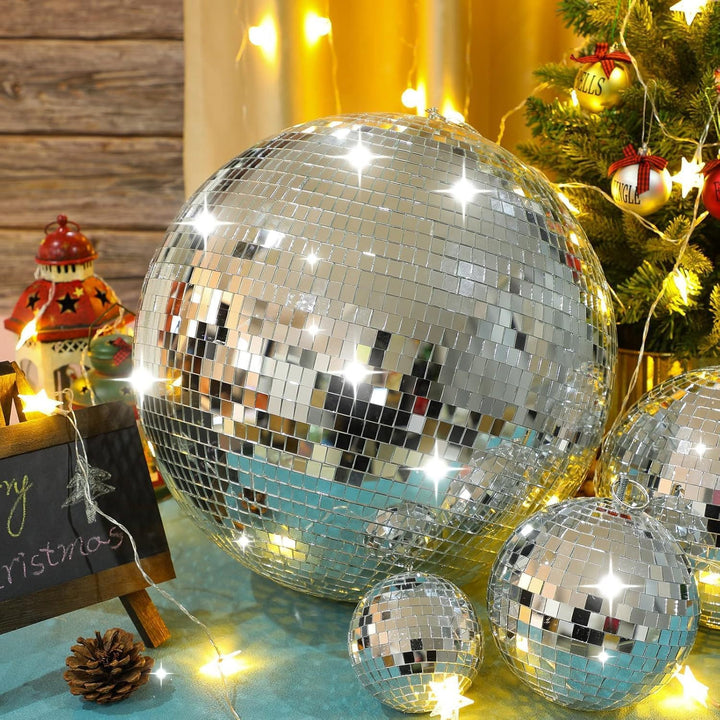 Discokugel Disco-Spiegel, silberfarben, 25 cm, mit Haken zum Aufhängen, glitzernde Dekoration, gross