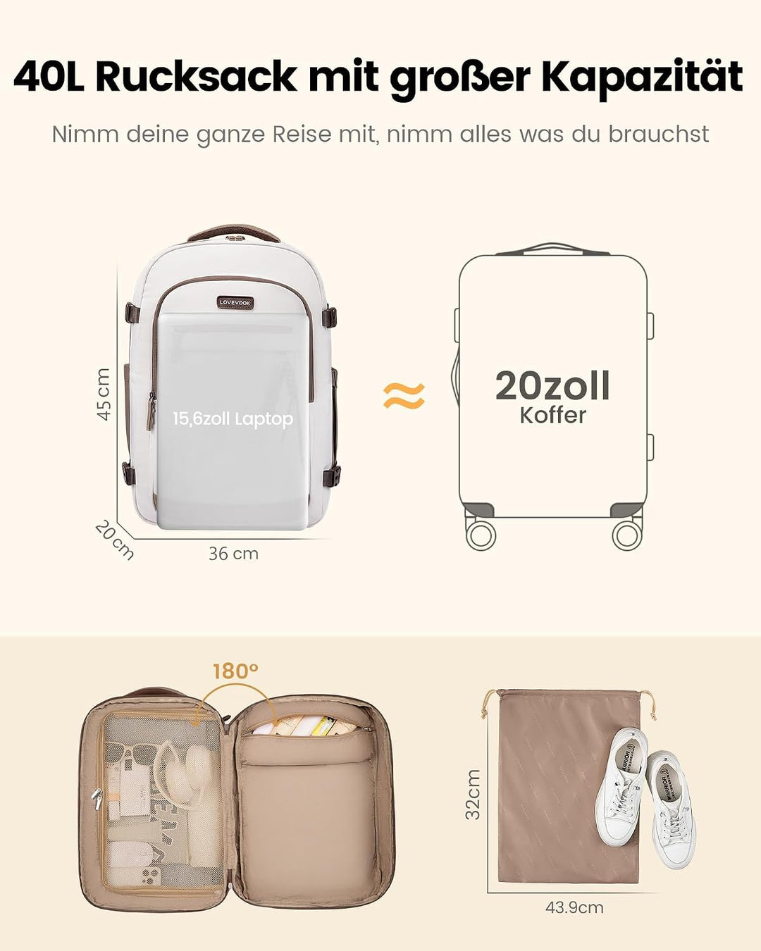 LOVEVOOK Reiserucksack Handgepäck Flugzeug 40L Gross Rucksack Damen 45x36x20 | Travel Backpack für 1