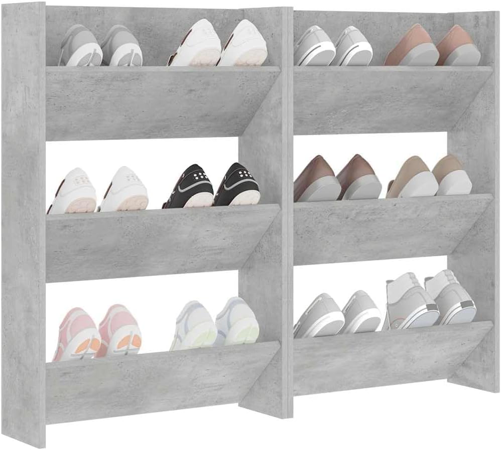 homiuse 2 Stück Wand Schuhschrank 60x18x90 cm mit 3 Kippböden Schuhregal Wandbefestigung Betongrau S