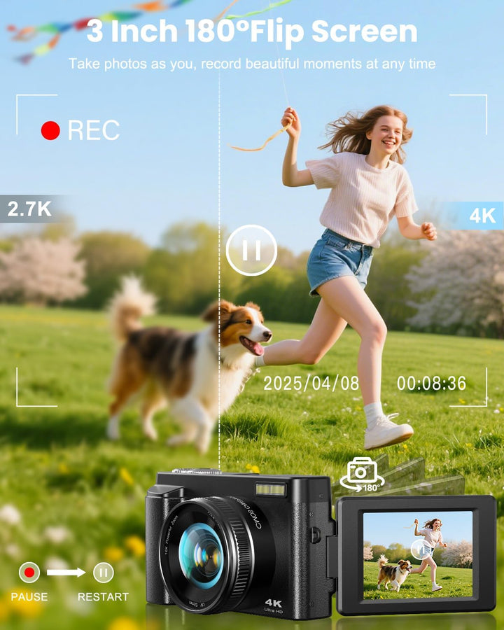CAMKORY 4K Digitalkamera 48MP Kompaktkamera Fotokamera Autofokus mit 180° Flip-Bildschirm,16X Digita