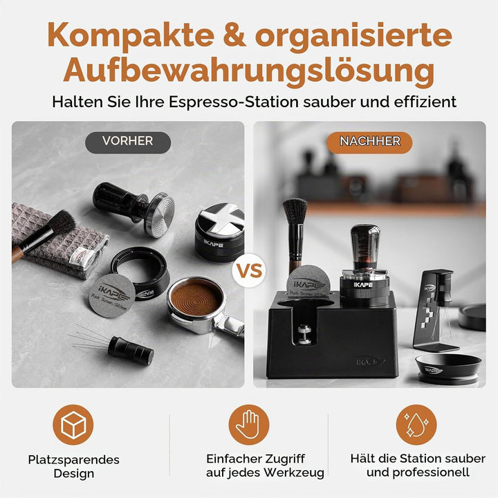 IKAPE 51 mm Espresso-Werkzeugset, schwarz, 8-in-1: Kaffeetamper, Verteiler, Magnettrichter, Pucksieb