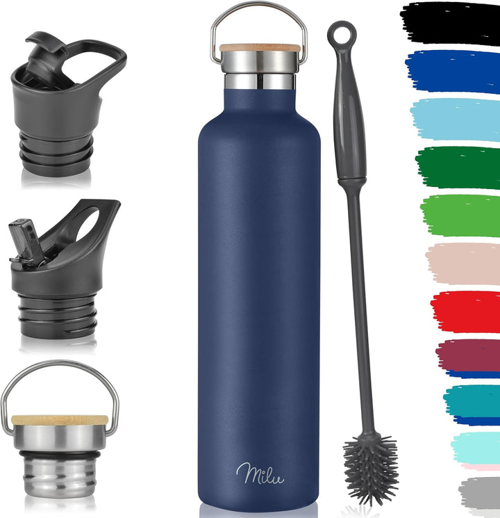 Milu Edelstahl Trinkflasche 350ml 500ml 750ml 1000ml (+3 Deckel) - Thermosflasche mit Strohhalm, Iso