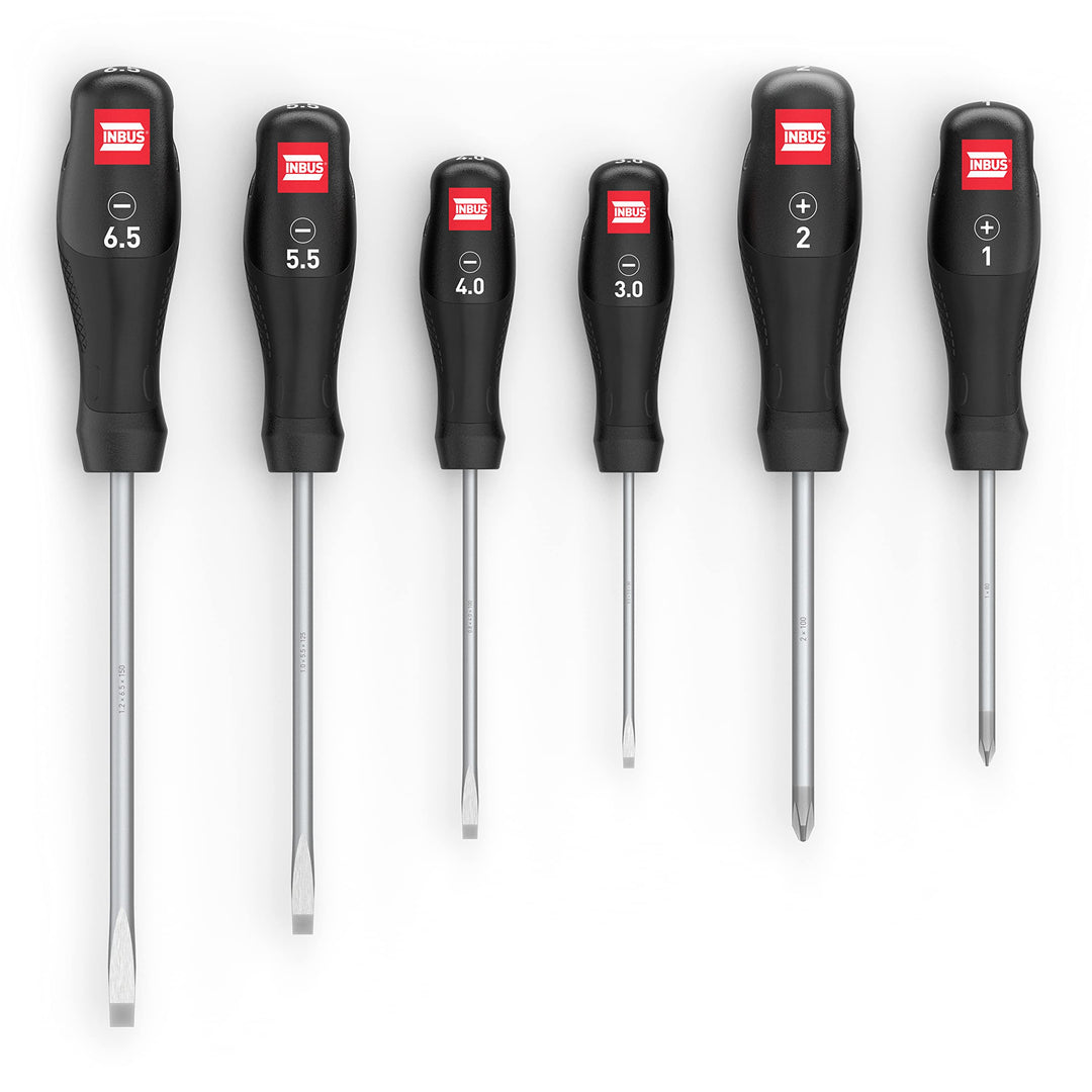 INBUS® 73790 Schraubendreher Set 6tlg, SL3–6.5 & PH1–2, mit HybridTouch & GrayTip 4× SL & 2× PH, 4×