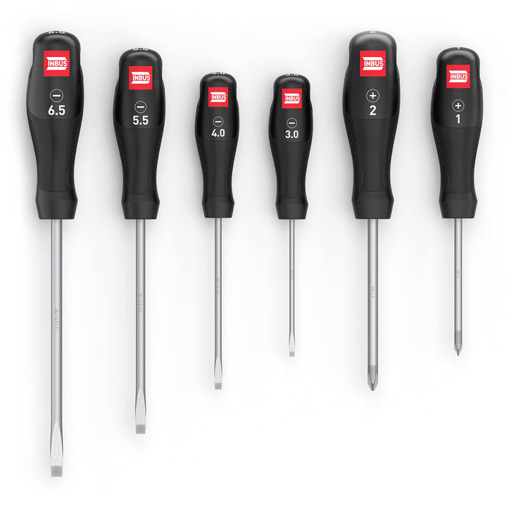 INBUS® 73790 Schraubendreher Set 6tlg, SL3–6.5 & PH1–2, mit HybridTouch & GrayTip 4× SL & 2× PH, 4×