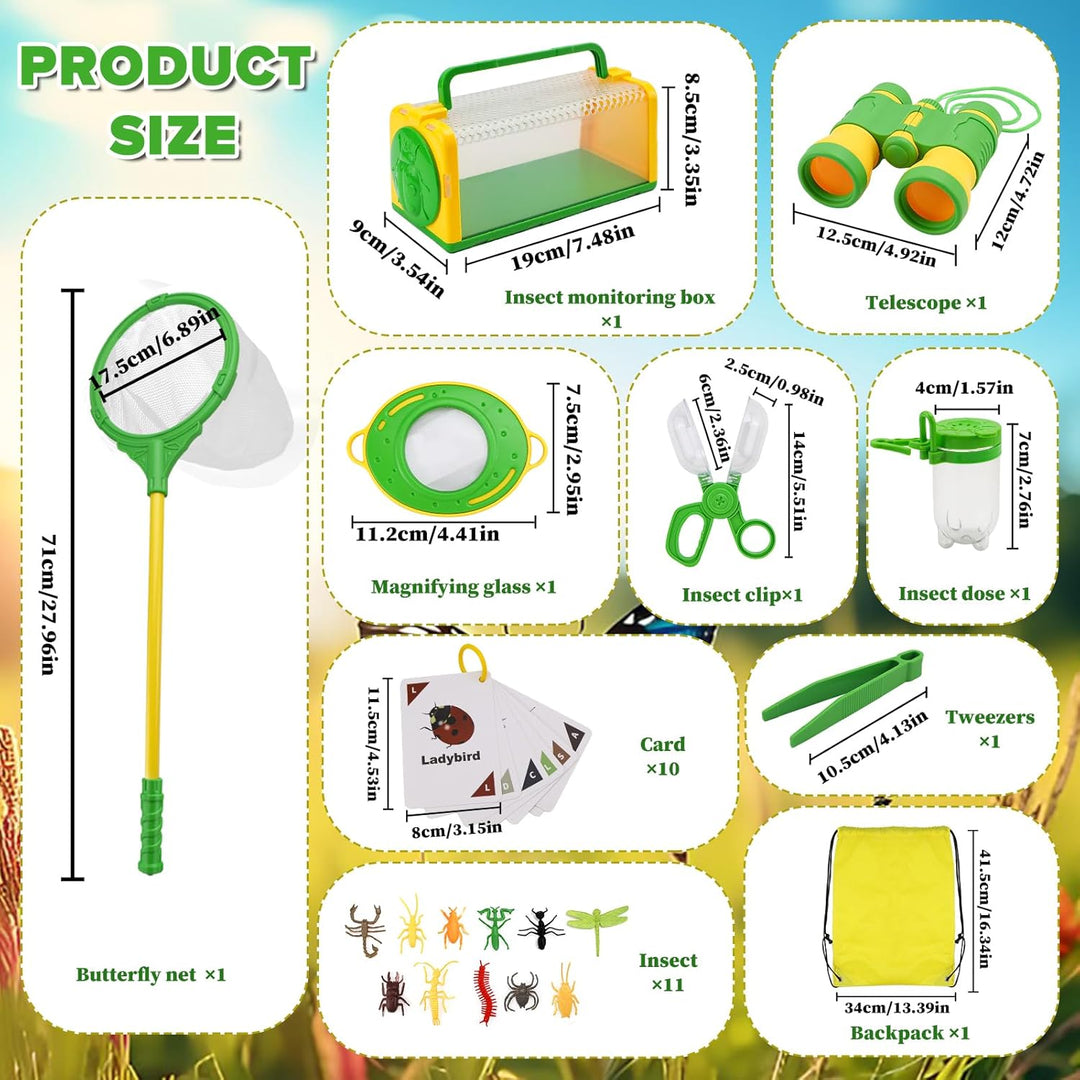 Forscherset für Kinder, Becherlupen für Kinder, Entdecker Set, Kinderfernglas, Schmetterlingsnetz, O
