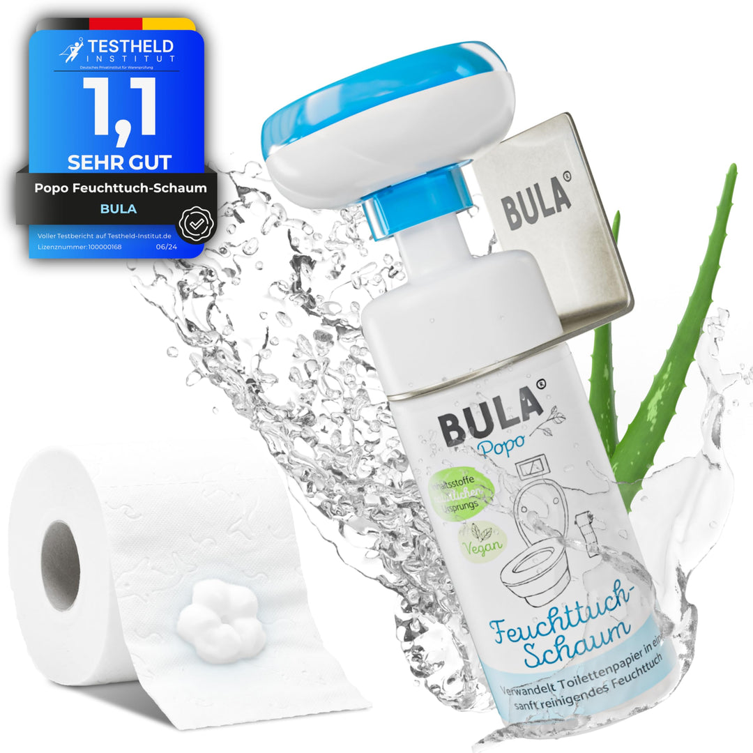 BULA® Popo Home Bundle | Feuchttuch-Schaum 150ml Flasche + Blumen-Schaumpumpe inkl. Edelstahl Halter