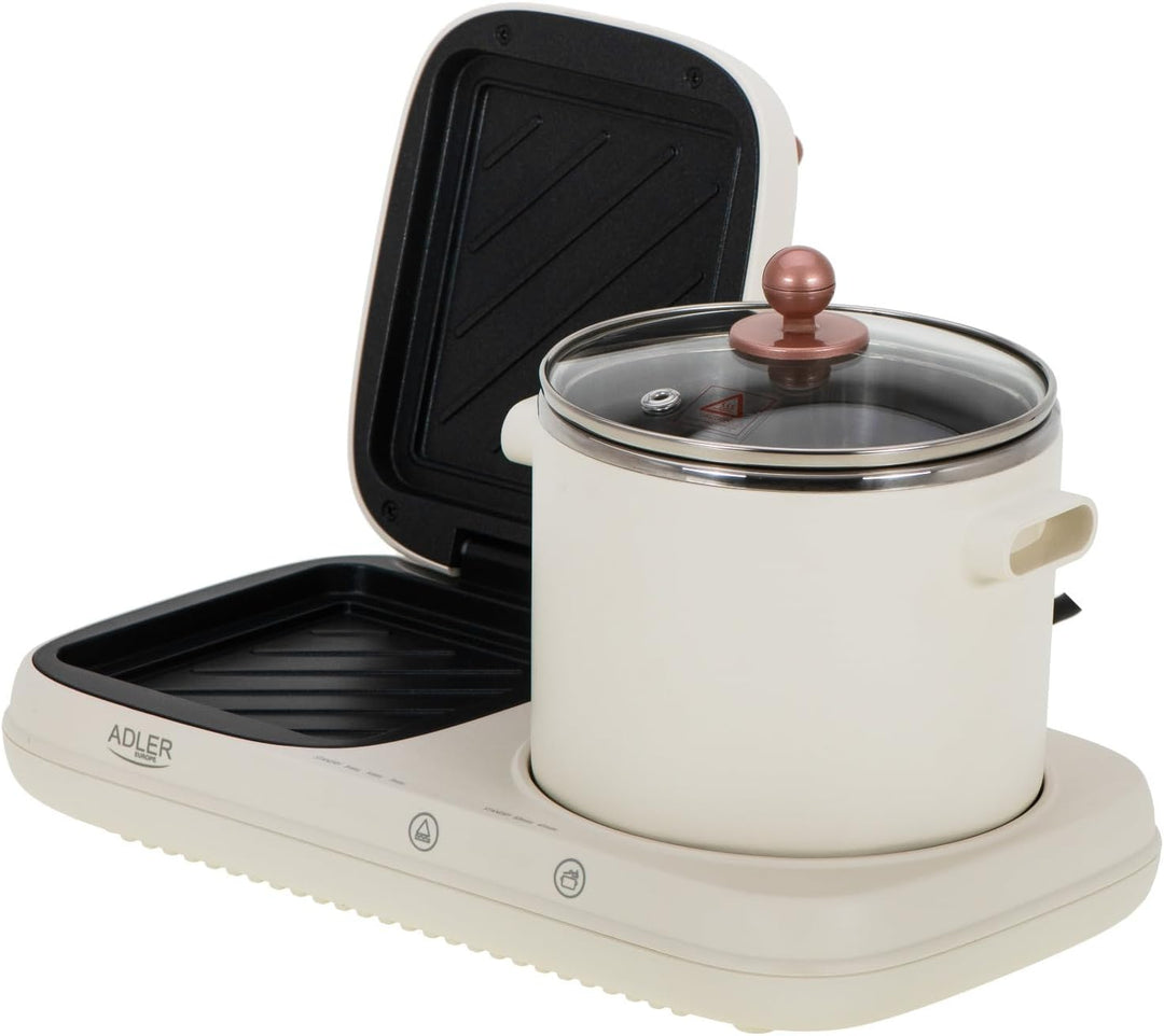 ADLER EUROPE AD 6421 Frühstücksstation 2-in-1 mit 1,0-L Kochtopf und Antihaft-Grillfläche | Retro De
