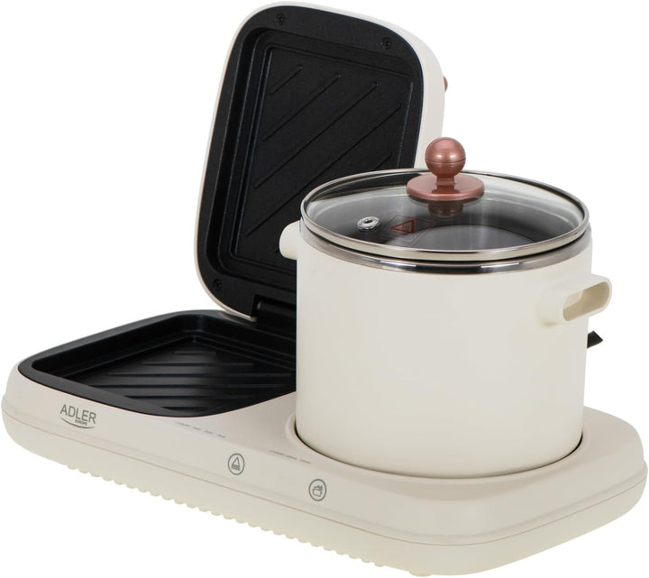 ADLER EUROPE AD 6421 Frühstücksstation 2-in-1 mit 1,0-L Kochtopf und Antihaft-Grillfläche | Retro De