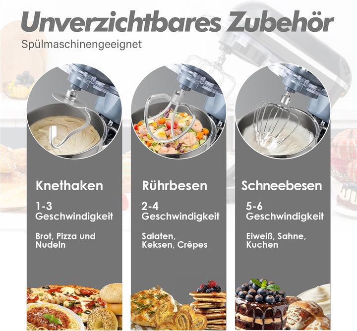 Kitchen in the box Küchenmaschine, 7,5 L Knetmaschine 1400 W, 6 Geschwindigkeits Teigmaschine mit Rü