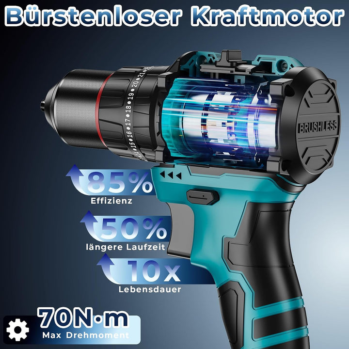 AkkuSchrauber - 21V bürstenloser Akku-Schlagbohrschrauber, 70 Nm, 2 Akkus 2,0 Ah, 25+3 Drehmomentstu