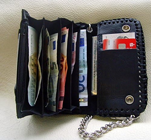Biker-Leder-Geldbörse Wallet Zierniete Bad-Skull Leder-Farbe Schwarz 16x10cm mit Kette und Schlaufe